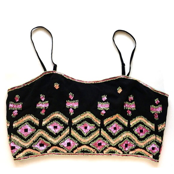 NWT Asos New Look Premium Crop Top Black Beaded Sequins US 12/UK 16/EU 44 - Picture 1 of 6